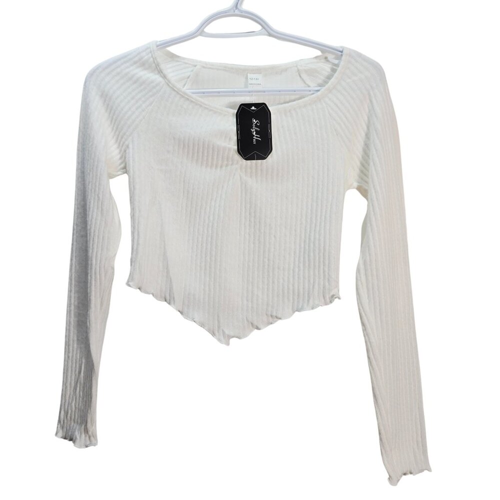 NWT | Girl's White Ribbed Knit Scoop Neck Lettuce Hem Cropped Long Sleeve 12-13y